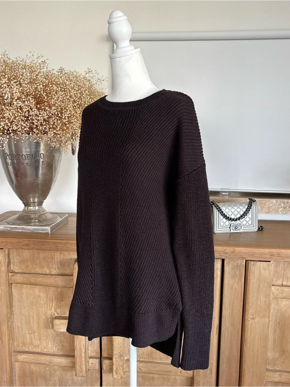 ATHLETA Merino Wool Blend Ribbed Sweater M Dark Chocolate High Low Tunic Cottage - Picture 4 of 14